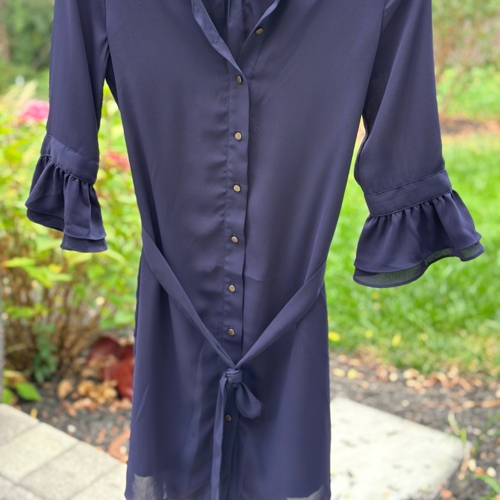 Banana Republic Navy Business Tailored Ruffle Sleeve Button-Down Dress - Picture 6 of 8